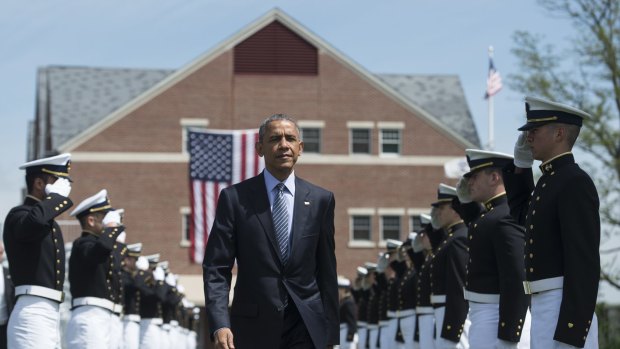 US President Barack Obama at the US Coast Guard Academy in Connecticut.