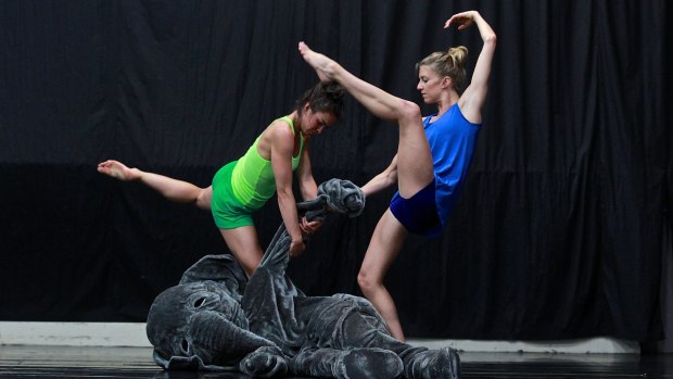 Scapes: Fiona Jopp (left), and Juliette Barton with Bernhard Knauer in the elephant suit.
