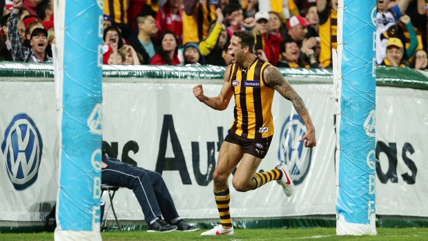 Lance Franklin celebrates a goal against Sydney in the round-22, 2012, encounter.