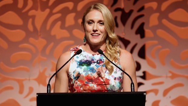 Sally Pearson speaks at the 2014 Athlete of the Year Awards on Thursday.