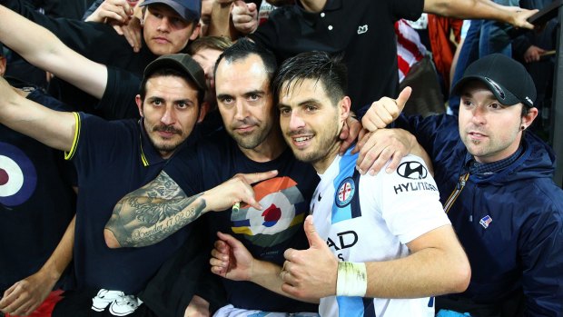 Bruno Fornaroli of Melbourne City poses with fans after the round 25 match against Wellington Phoenix.