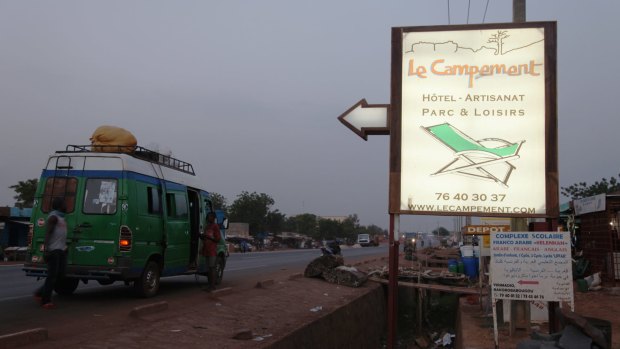 A sign points to Campement Kangaba from where attackers took hostages on June 21.