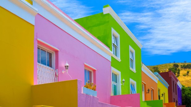 Brightly-coloured houses in Bo-Kaap neighbourhood, Cape Town.