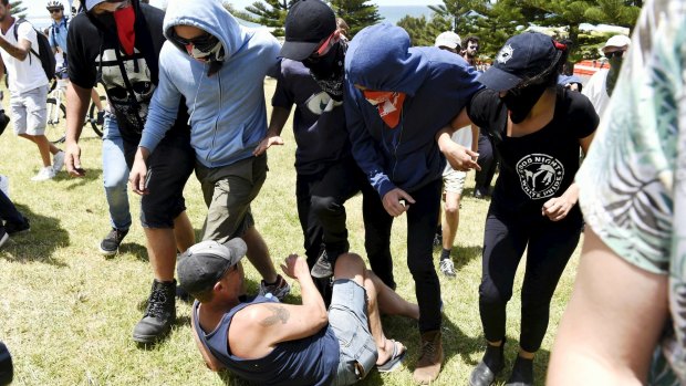 Antifa protesters at the 10th anniversary of the Cronulla race riots.