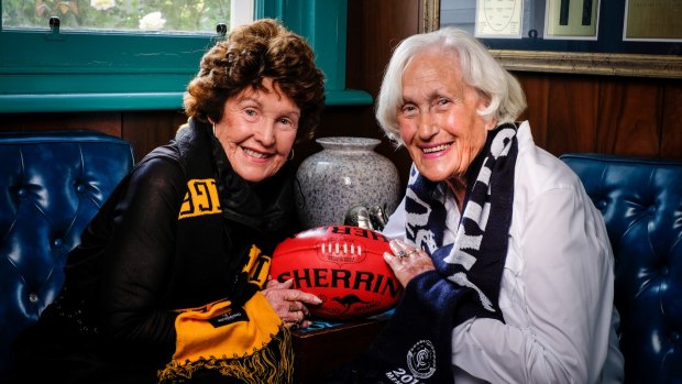 Vivienne Kerr (right) widow of Carlton legend Laurie Kerr, with Maureen Hafey, widow of Tommy. 