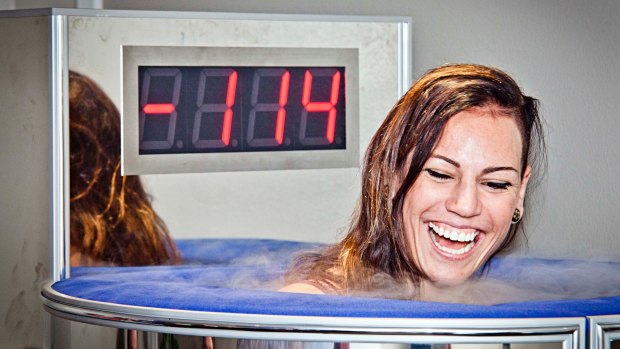 In the cryotherapy chamber at Haikko Manor. Everything below the chin is treated to an icy blasting.