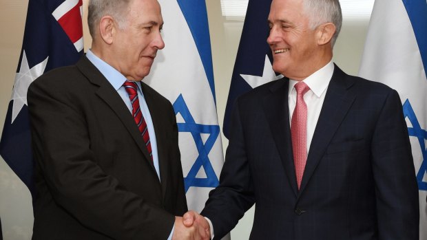 Benjamin Netanyahu and Malcolm Turnbull shake hands during the Israeli Prime Minister's visit this week.