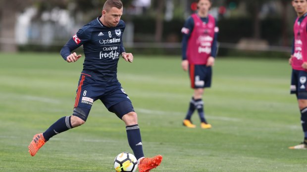 Target practice: Besart Berisha during Melbourne Victory training at Gosch's Paddock ahead of the round two derby against rivals City.