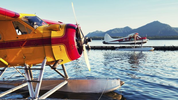 Float planes on a lake in Alaska.