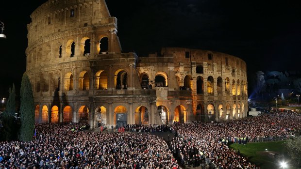 Pope Francis leads the Way of The Cross at the Colosseum in Rome on Good Friday. The Way of the Cross began as a sort of spiritual pilgrimage to places, scenes and events of the passion of Christ.