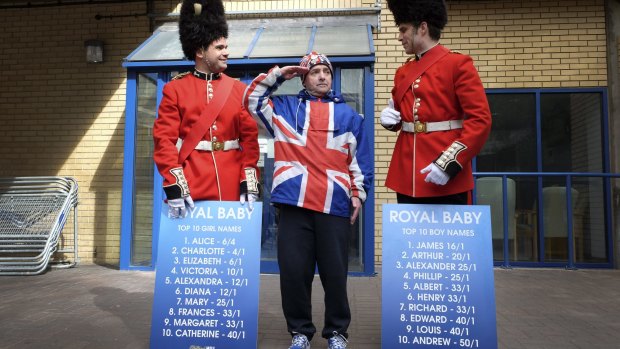 Punters dressed as soldiers outline the odds for the new baby's name.