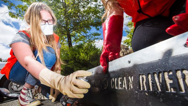 Year 11 student Hanna Gardiner, 16, stencils a message on a storm water drain to let the community know it runs into the Lake Ginninderra catchment wetlands.