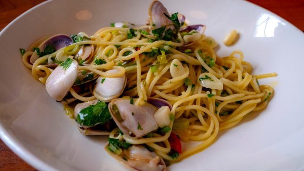 Spaghetti and diamond clams at Kaprica restaurant in Carlton.