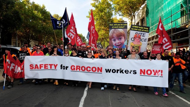 CFMEU and other union workers marched in support of worker's rights on Grocon sites. They held one minute's silence at the wall where three people died in Swanston Street. 