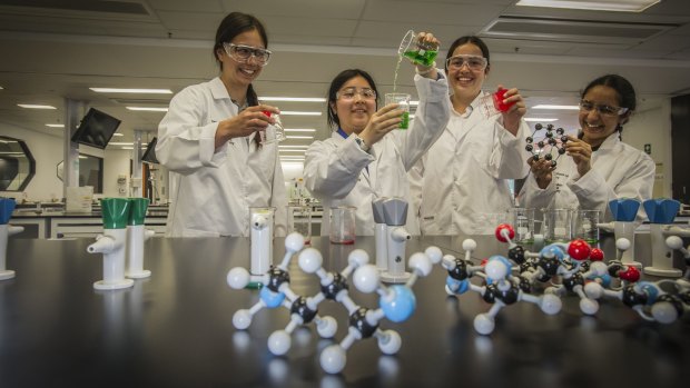 Lyneham High year 10 student Claire Yung, Canberra High year 10 student Vy Dinh, Gold Creek School year 9 student Caitlin Gare and Gungahlin College year 10 student Sayalee Surve will participate in Curious Minds, a program encouraging women to pursue science, technology, engineering and maths.