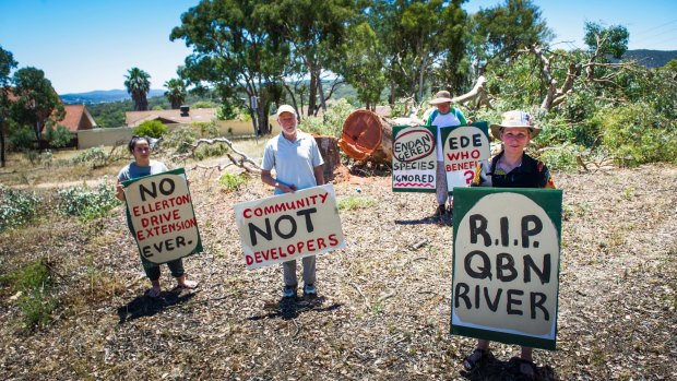 Protesters on Thursday gathered at the scene of tree-clearing for the Ellerton Drive Extension in Queanbeyan (l-r)Felicity Gare of Karabar, Frank Briggs of Queanbeyan East, Annette Schneider of Burra and Asha Gare of Karabar.