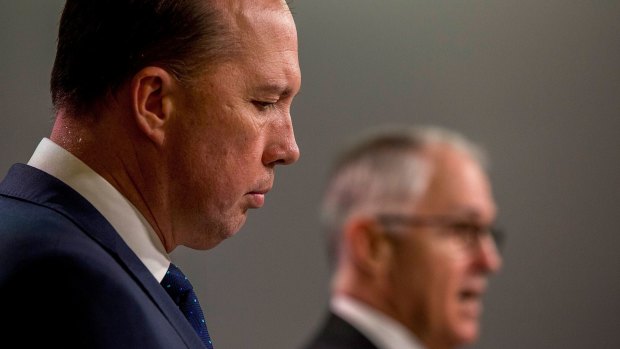 Immigration Minister Peter Dutton announcing the proposed changes to refugee immigration laws with Malcolm Turnbull.
