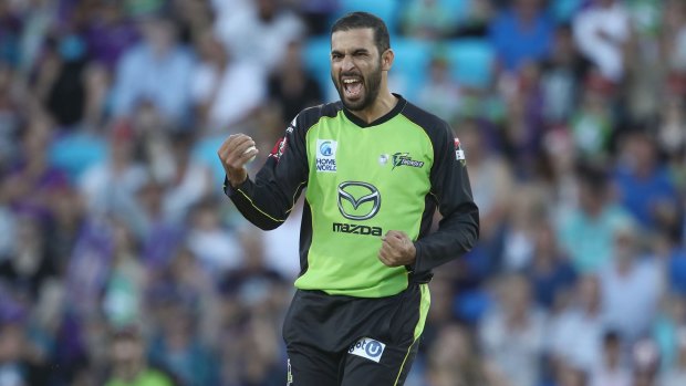 Fawad Ahmed of the Thunder celebrates running out Ben McDermott of the Hurricanes last year. 