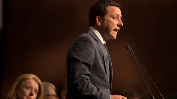 Liberal opposition leader Matthew Guy speaking at his party's state conference on Sunday.