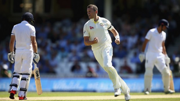Peter Siddle celebrates after taking the wicket of England opener Adam Lyth during the first session of play on day three of the fifth Test.