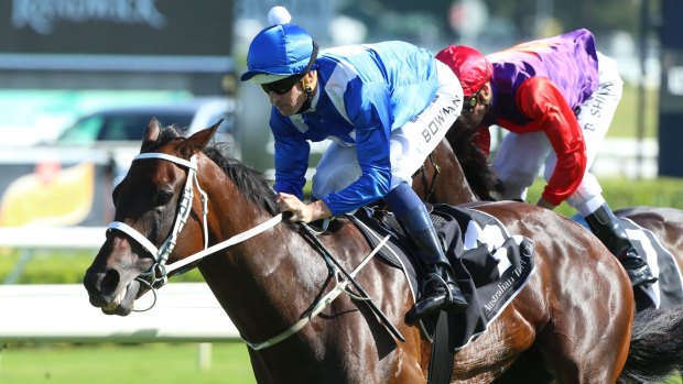Top of his game: Hugh Bowman and Winx take out the group 1 Chipping Norton Stakes in February.
