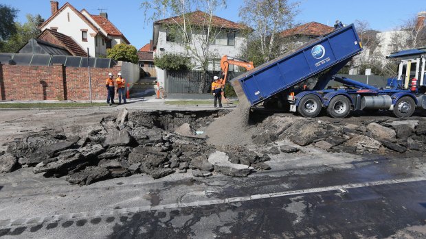 A sinkhole opened up on Glen Eira Road in Caulfield on Tuesday.