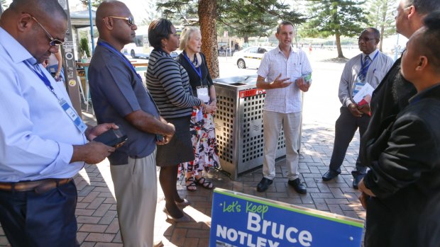 Coogee voters too civil to tar and feather candidates: Liberal Bruce Notley-Smith in Coogee speaking with representatives from PNG, Timor Leste and Fiji as part of the Australian Political Parties Program.