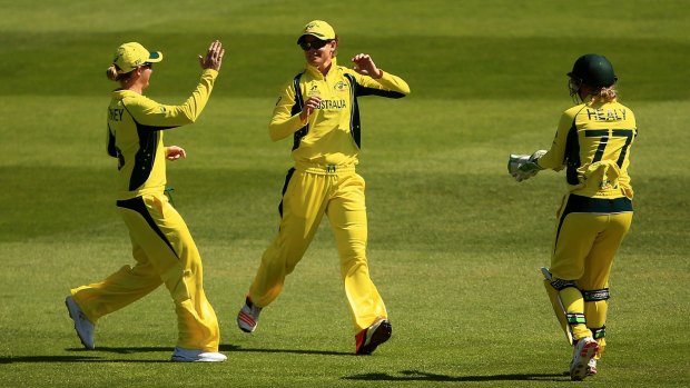 Jess Jonassen celebrates dismissing New Zealand's Rachel Priest during the Women's World Cup at the County Ground in Bristol on Sunday.