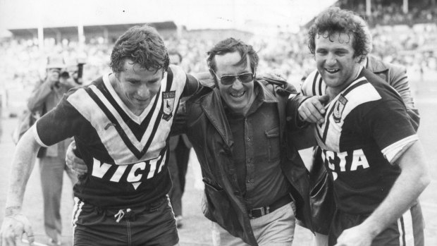 Fibro triumph: Roy Masters (centre) with Wayne Smith (left) and Ron Giteau after Wests beat St George in the 1980 semi-finals.