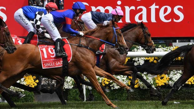 Single Gaze crosses the finishing post for the first time  in Tuesday's Melbourne Cup.