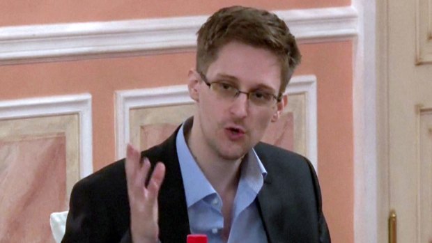 US intelligence leaker Edward Snowden speaking during a dinner with US ex-intelligence workers and activists in Moscow in late 2013.