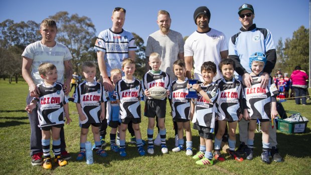 The sons of Canberra Raiders players Sia Soliola (Israel) and Blake Austin (Carter) are playing for Belconnen United Sharks under-6 team.