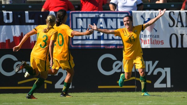 Lisa De Vanna celebrates during Australia's win over Brazil.