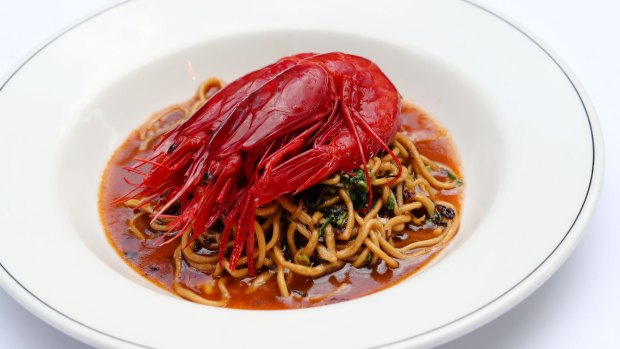 Go-to dish: Hand-made noodles, scarlet prawns, XO and coriander, $39.