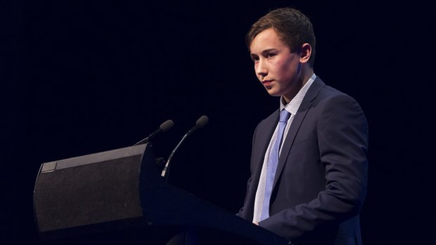Thomas Kelly's younger brother Stuart Kelly speaks at the Take Kare Gala Dinner 2015. 