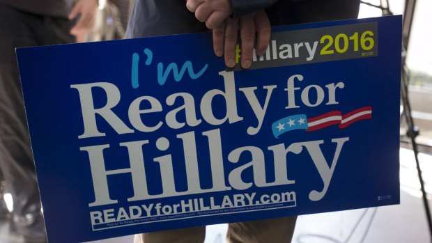 A supporter holds an "I'm Ready for Hillary" sign during the "Ready for Hillary" rally in Manhattan.