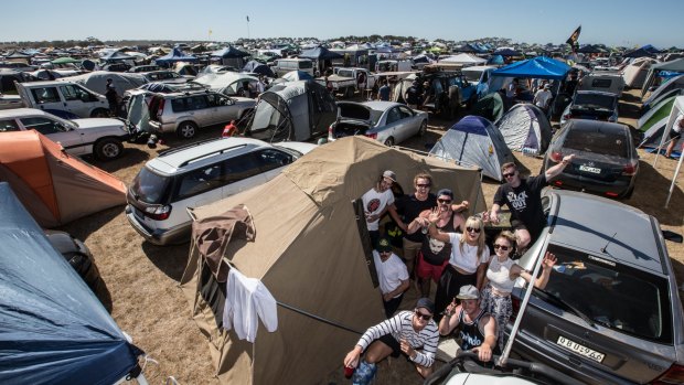 Festival fans set up their camp sites at the relocated event at Mt Duneed, just outside Geelong.