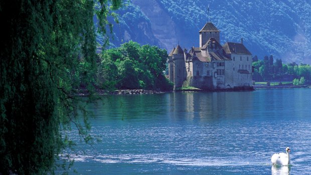 Chillon Castle near Montreux on the shores of Lake Geneva, Switzerland's most famous fortification.
 