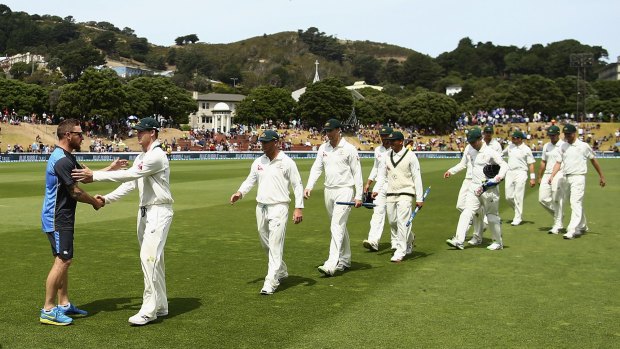 Stumps: Brendon McCullum congratulates Steve Smith after day four of the Test between New Zealand and Australia at Basin Reserve.