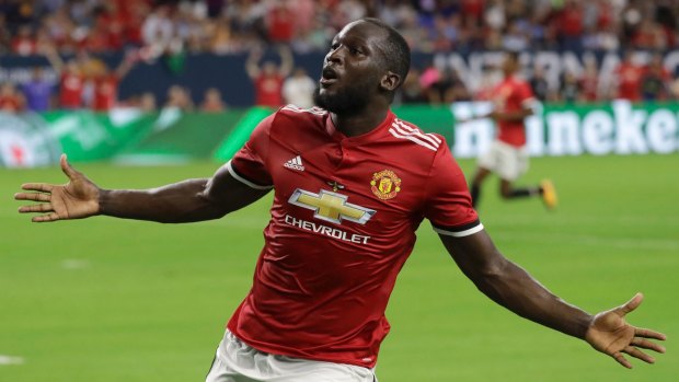 New kid: Manchester United's Romelu Lukaku reacts to scoring a goal against Manchester City during the first half of an International Champions Cup match.
