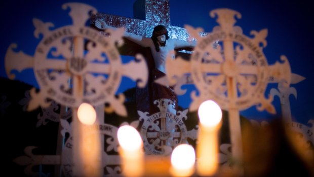 The statue of Crucifixion at Cathedral Cemetery of Larantuka, Flores Island, Indonesia. 