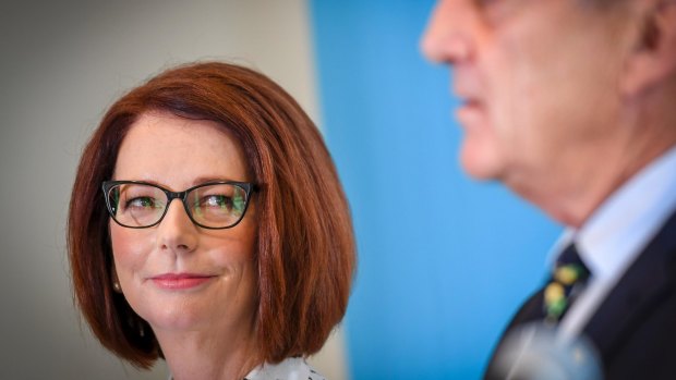 Former prime minister Julia Gillard, the new chair of beyondblue, pictured with founder and outgoing chairman Jeff Kennett on Tuesday.