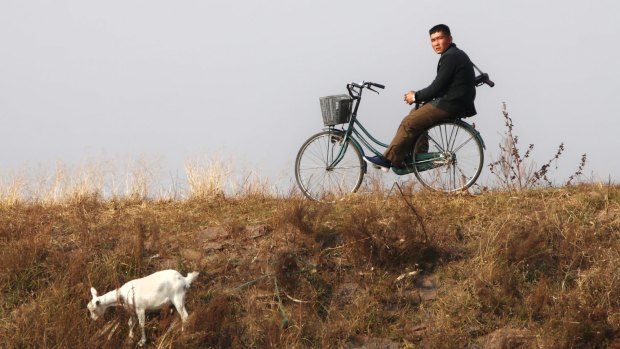 A young North Korean man on a bicycle with a gun on his shoulder watches a Chinese tourist boat pass by.