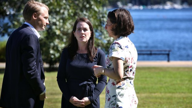 Premier Gladys Berejiklian congratulates North Shore and Manly candidates Felicity Wilson (centre) and James Griffin.