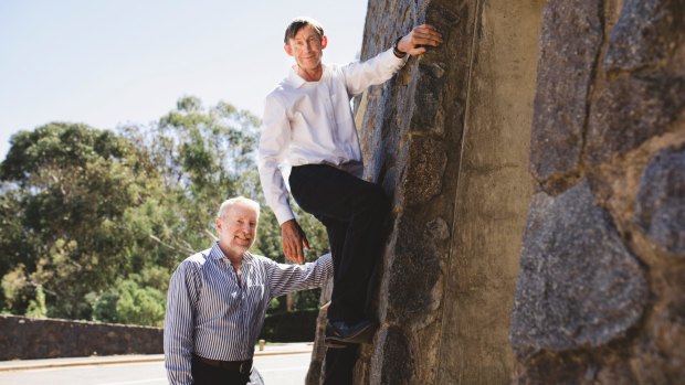 Tim Macartney-Snape climbs the rock wall of the Acton Underhill at the ANU as he did as a young forestry student preparing for his first climbing expedition in the Himalayas. Ken Baldwin, now a professor of physics at the ANU, was also a student at the time and organised the 1978 expedition. 