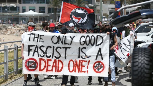 Members of the anti-fascist Antifa group at the anniversary of the Cronulla race riots.