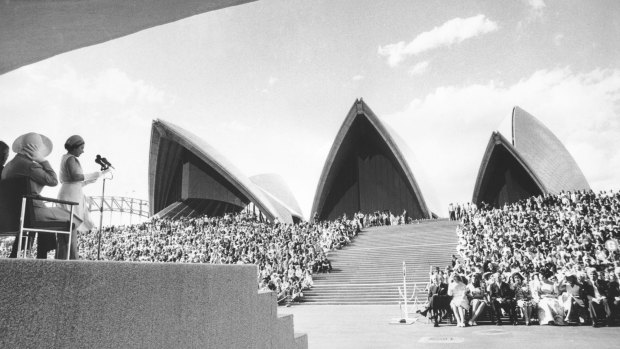 Queen Elizabeth II officially opens the Sydney Opera House in 1973