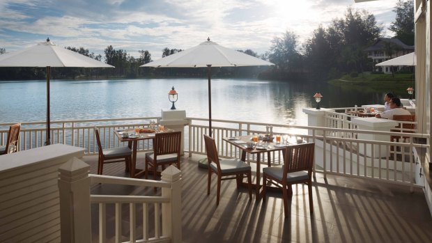 The waterfront lounge juts out into the lagoon at the Outrigger Laguna Phuket Beach Resort.