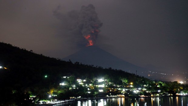 Mount Agung volcano erupting in Karangasem, Bali.