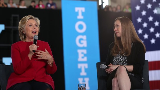 Hillary Clinton (L) and daughter Chelsea Clinton campaigning in Pennsylvania on October 4, 2016.